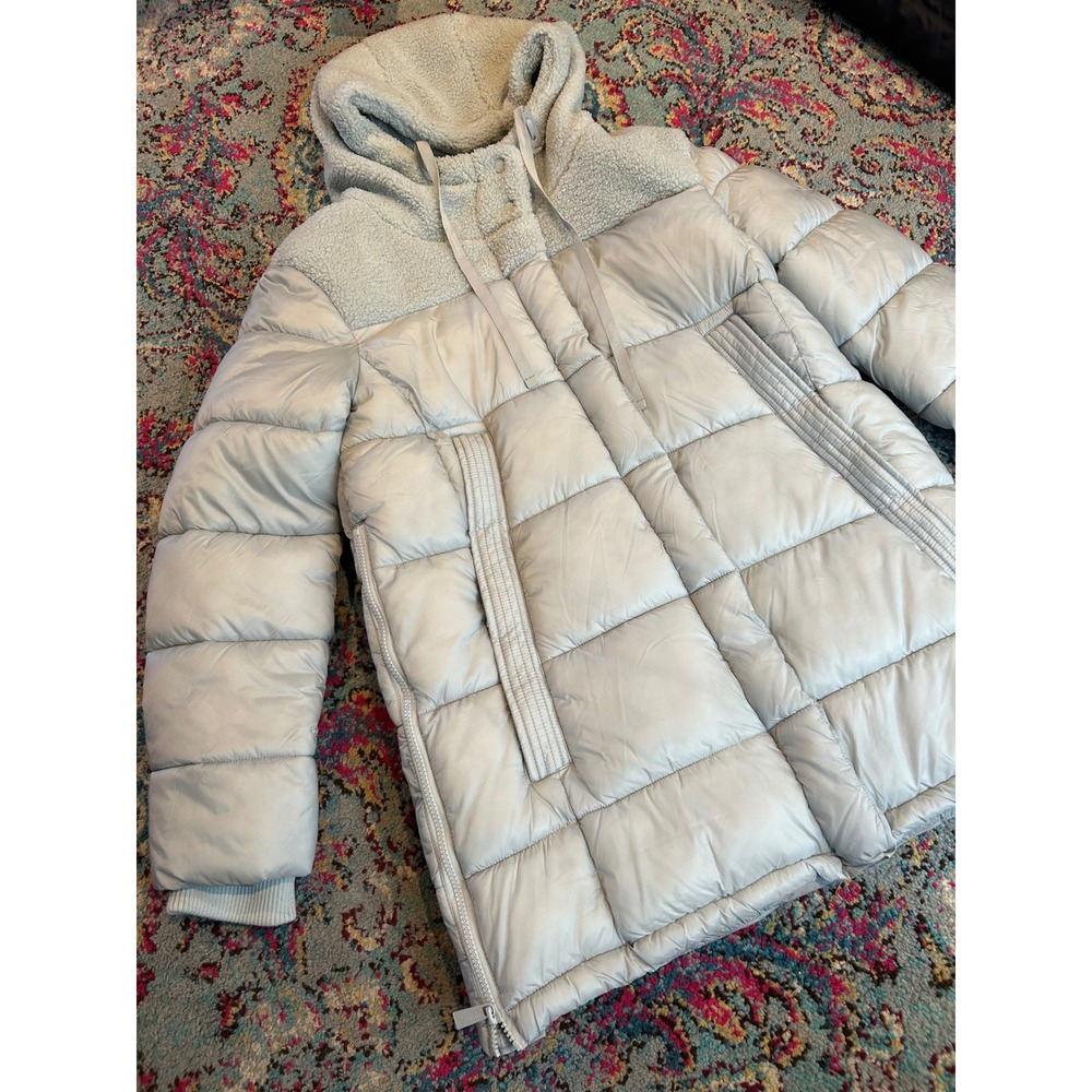 Modern Supply by Sanctuary Grey Puffer Jacket Mixed Media Teddy Fleece Hood M